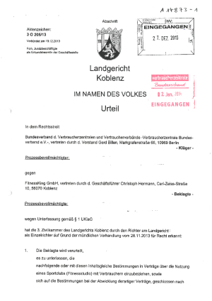  Urteil zur Kameraüberwachung im Fitnessstudio | Landgericht Koblenz vom 19.12.2013 – 3 O 205/13, nicht rechtskräftig