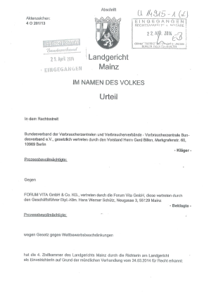 Forum Vita | Urteil des LG Mainz vom 14.04.2014 (Az.: 4 O 201/13)