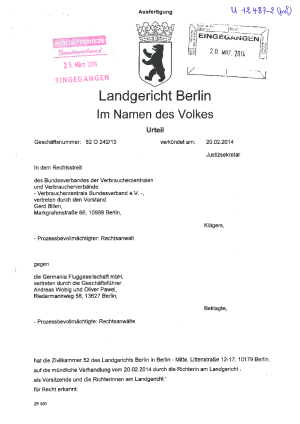 Urteil des LG Berlin vom 20.02.2014,Az. 52 O 242/13, Germania - nicht rechtskräftig