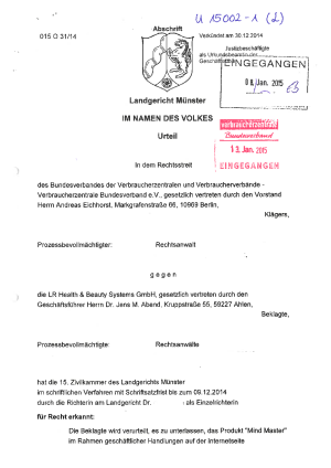 Urteil Health & Beauty Systems GmbH | Landgericht Münster vom 30.12.2014 (015 O 31/14)
