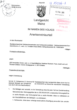 LBS Immobilien | Urteil des Landgerichts Mainz vom 5. Januar 2015
