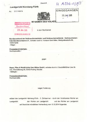 Urteil Bayr. Pilze & Waldfrüchte GmbH | LG Nürnberg-Fürth | 21.01.2015 - Az. 3 O 1430/14