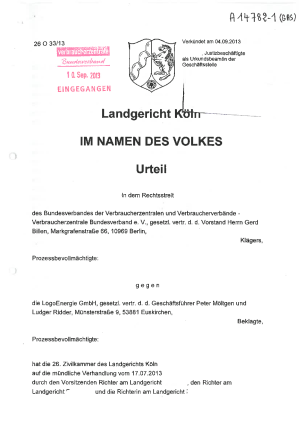 Urteil des LG Köln vom 4.09.2013, Az. 26 O 33/13 | LogoEnergie GmbH