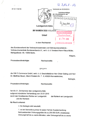 OBI Werbung für Klimageräte | Urteil des Landgerichts Köln vom 20. August 2015, Az. 31 O 112/15