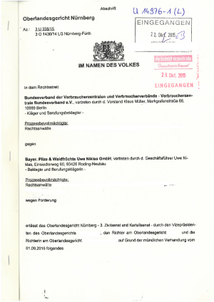 Urteil Bayr. Pilze & Waldfrüchte GmbH | OLG Nürnberg vom 20.10.2015 (Az. 3 U 338/15)