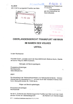Planet49 GmbH | Sammelerlaubnis für Werbeanrufe | Urteil  OLG Frankfurt/Main vom 17.12.2015 (Az. 6 U 30/25)