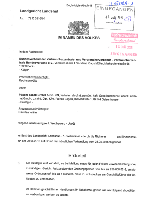 Pöschl Tabak GmbH - Tabakwerbeverbot | Urteil des LG Landshut vom 29.06.2015