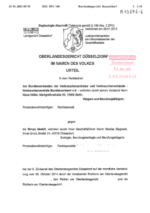 Simyo GmbH | Urteil des OLG Düsseldorf vom 29.01.2015