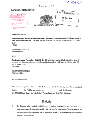 Sky Deutschland - kostenpflichtige Zusatzangebote | Urteil des LG München I vom 28.05.2015