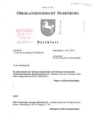 Urteil des OLG Oldenburg vom 15.11.2013, Az. 6 U 87/13 | Teutoburger Energie Netzwerk eG