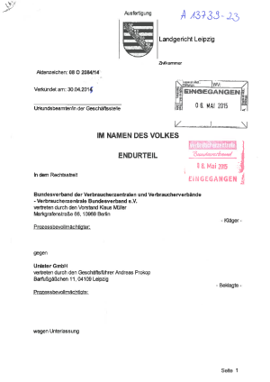 Unister GmbH - Gebühr für gescheiterte Zahlungseinzüge | Urteil des LG Leipzig vom 30.04.2015