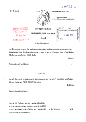 VR-Bank, Urteil des LG Köln vom 4.8.2011