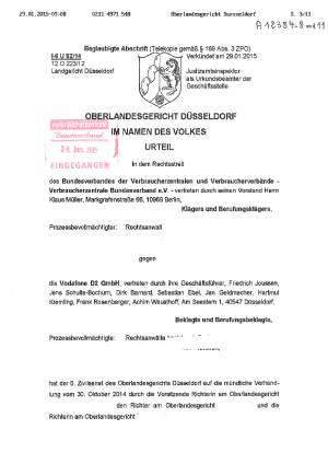 Vodafone D2 GmbH |Urteil des OLG Düsseldorf vom 29.01.2015