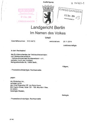 WhatsApp | Urteil des Landgerichts Berlin vom 25.11.2014