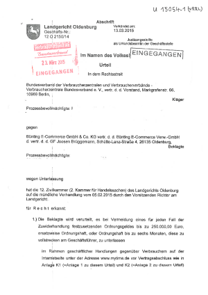 Bünting E-Commerce GmbH - Onlineversand und Widerrufsrecht | Urteil des LG Oldenburg vom 13. März 2015