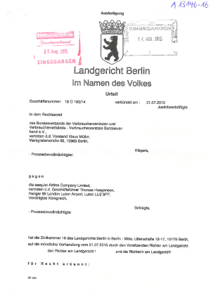 Urteil gegen EasyJet | Passsagiere mit eingeschränkter Mobilibität | LG Berlin vom 21.07.2015