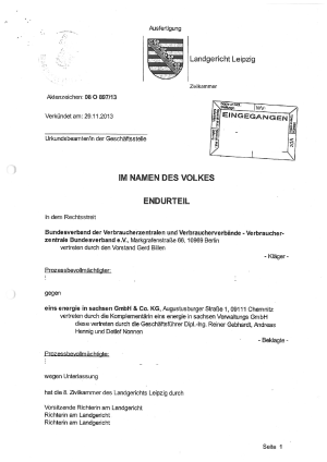 Urteil gegen Eins Energie Sachsen | LG Leipzig vom 29.11.2013 (08 O 897/13) -  rechtskräftig