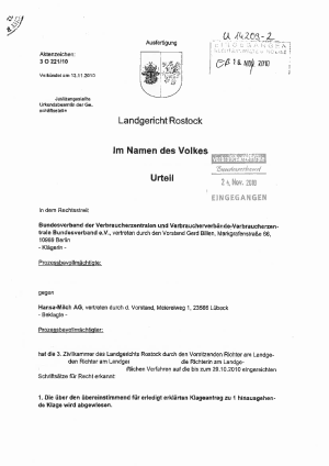 Hansa-Milch, Urteil des LG Rostock vom 12.11.2010