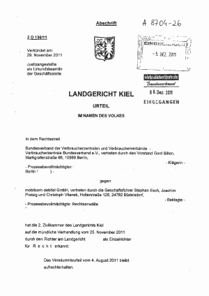Urteil des LG Kiel (2 O 136/11) vom 29.11.2011