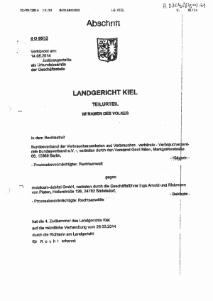 Urteil des LG Kiel vom 14.05.2014 (Az. 4 O 95/13), nicht rechtskräftig