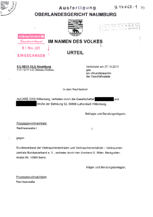 mycare, Urteil des OLG Naumburg vom 27.10.2011