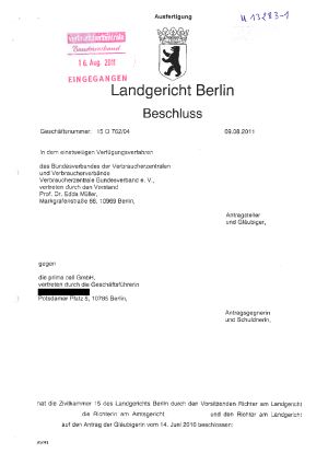prima call, Beschluss des LG Berlin vom 9.08.2011