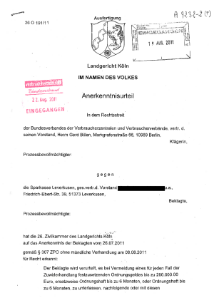 Sparkasse Leverkusen, Urteil des LG Köln vom 8.8.2011