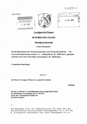 Wizz Air, Urteil des LG Essen vom 31.05.2012 (Az. 44 O 77/10), rechtskräftig