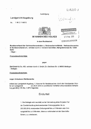 Urteil Zott, LG Augsburg vom 29.07.10