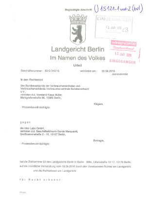 Ideo Labs GmbH | Urteil des LG Berlin vom 30.06.2016, Az. 52 O 340/15