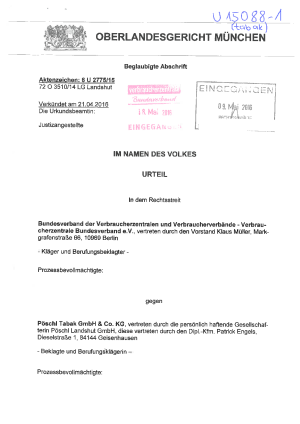 Tabak gegen Pöschl Tabak | Oberlandesgericht München vom 21. April 2016 | Az. 6 U 2775/15, nicht rechtskräftig